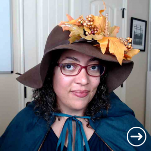 Camille Diaz in her autumn hat and cloak.